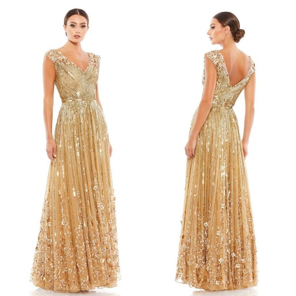$800 MAC DUGGAL GOLD SEQUIN BEAD GORGEOUS LONG GOWN US 16 XL